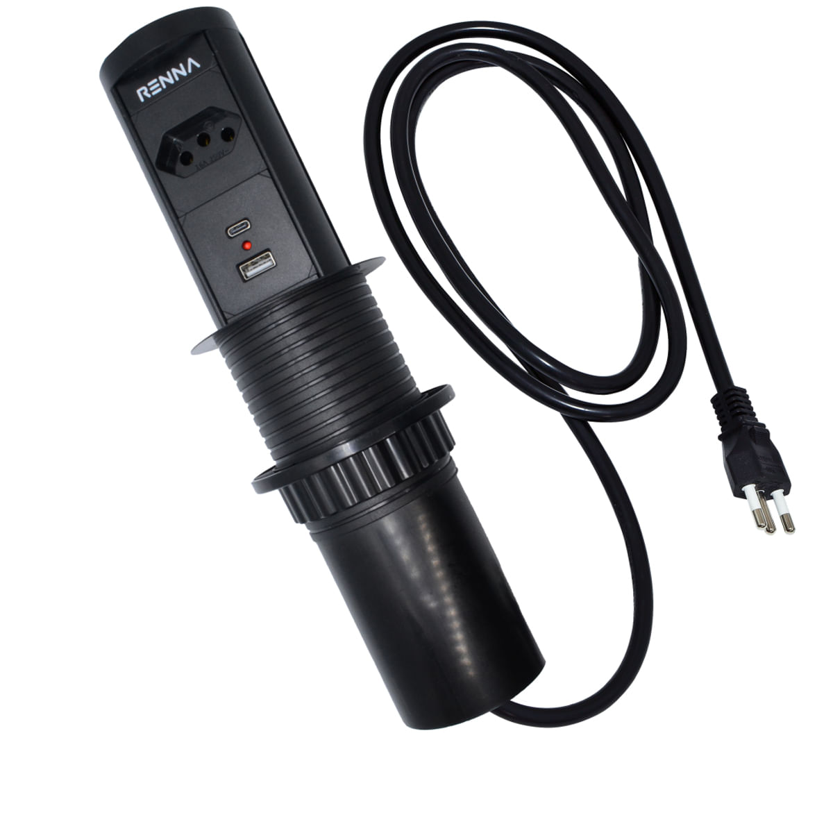 Torre multiplug 1 Tomada e 2 USB Carregamento Wireless Embutir Preta 65mm Renna 80693_0.jpg